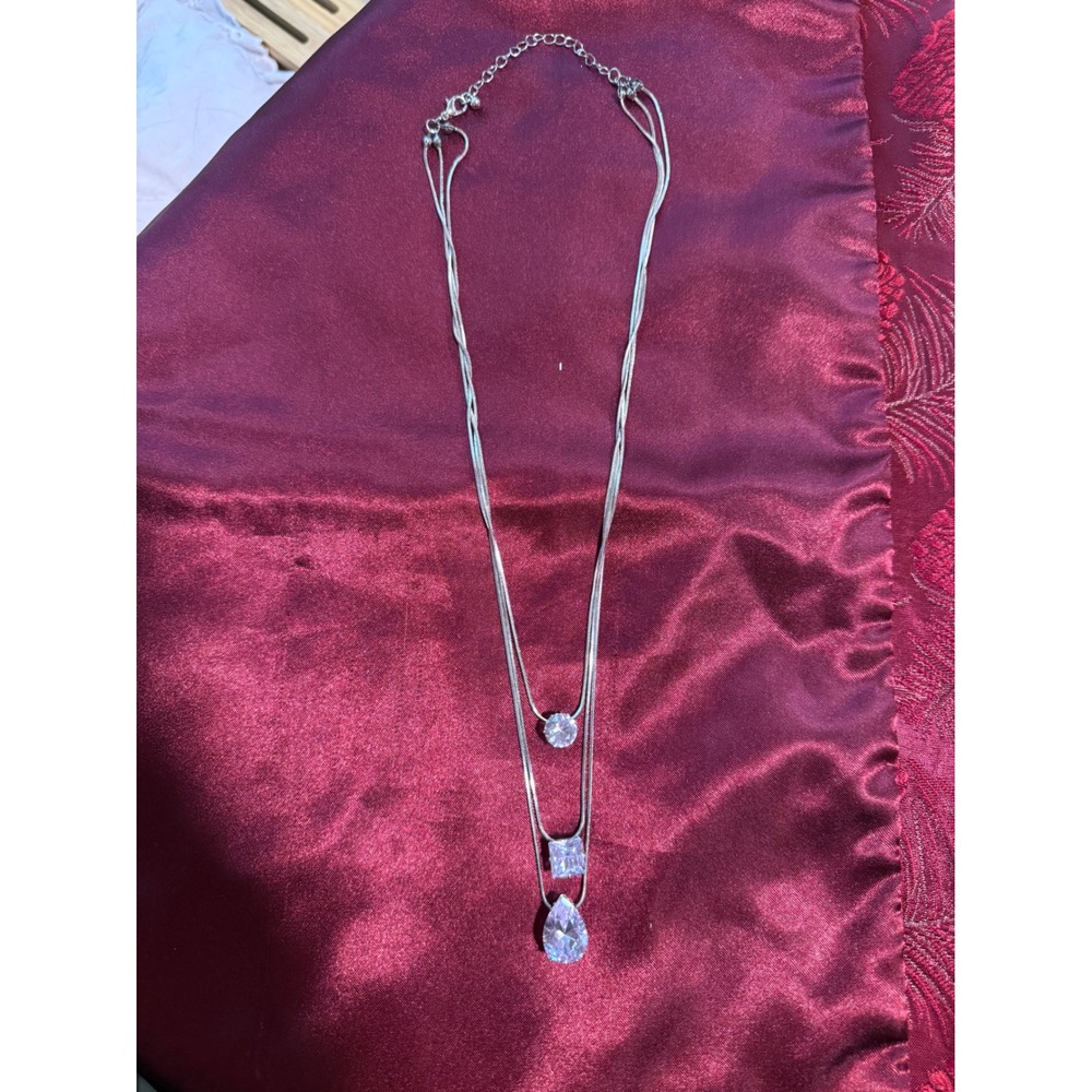 Silver Tone Triple Layered Snake Chain Necklace with Clear Crystal Pendants